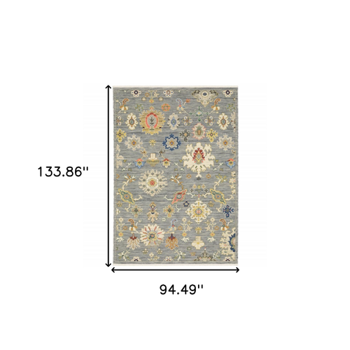 8' X 11' Gray Ivory And Blue Oriental Area Rug With Fringe