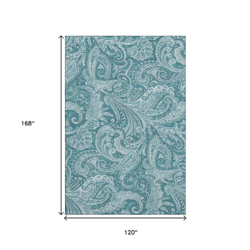 10' X 14' Turquoise And Ivory Paisley Washable Area Rug With UV Protection - 880024755823
