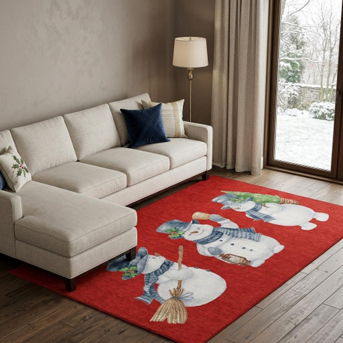 8' X 10' Red And White Christmas Snowmen Washable Area Rug With UV Protection - 880024964751