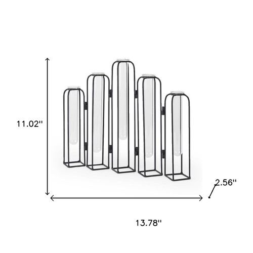 11" Clear And Black Glass And Metal Five Tube Table Vase - 880016675795