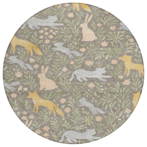 8' Taupe And Green Round Forest Animals Botanical Leaves Washable Round Area Rug - 880024742403