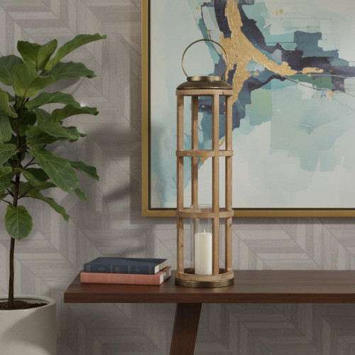 35" Natural And Brass Distressed Geometric Solid Wood And Metal Tabletop Lantern Candle Holder - 880024678047