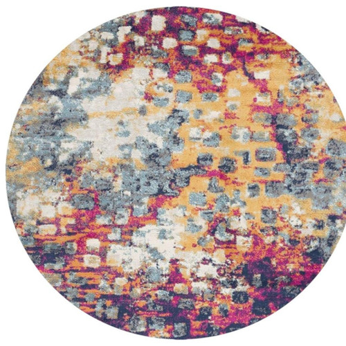 8' X 8' Yellow And Blue Abstract Round Rug - 880024684536