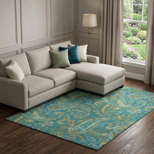 8' X 10' Teal Green And Gold Paisley Washable Area Rug With UV Protection - 880024897219