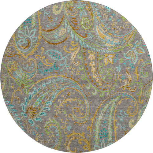 8' Taupe Green And Blue Paisley Washable Round Rug With UV Protection - 880024867427