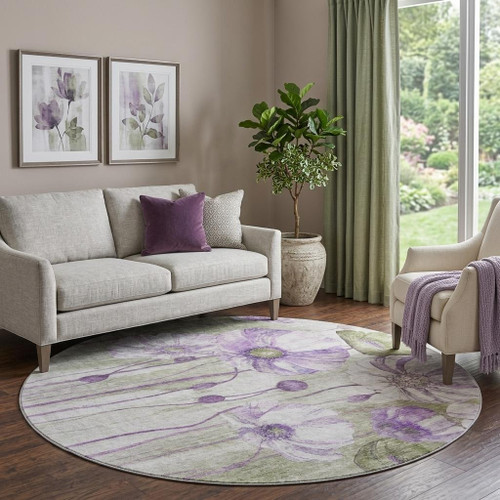 8' Purple Green And Ivory Floral Washable Round Rug With UV Protection - 880016883206
