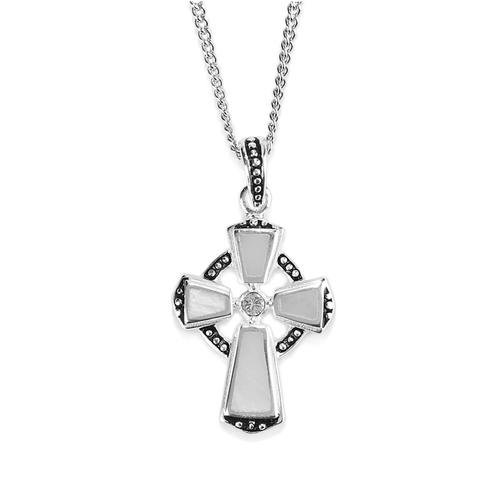 Silver Plated Celtic Mother Of Pearl Box Cross Necklace - 714611137993