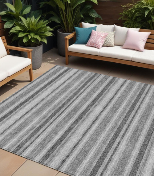 8' X 10' Black Silver and Gray Striped Washable Indoor Outdoor Area Rug - 608219294786