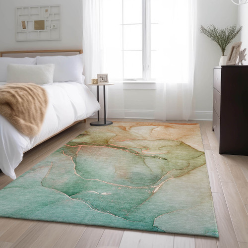 3' X 5' Teal And Ivory Abstract Washable Area Rug With UV Protection - 880024587189