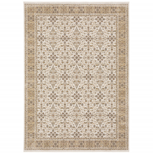 Homeroots Home Decor 8' x 11' Ivory and Gold Oriental Power Loom Area Rug, Stain Resistant with Fringe