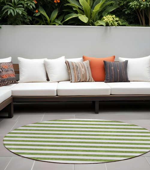 8' Round Olive Green Round Striped Washable Non Skid Indoor Outdoor Area Rug - 606114996705