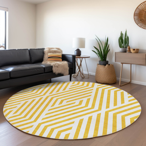 8' Round Gold and White Round Geometric Washable Non Skid Indoor Outdoor Area Rug - 608219360108