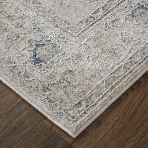 9' X 13' Ivory Taupe and Blue Floral Power Loom Worn Faded Area Rug With Fringe - 608219068745