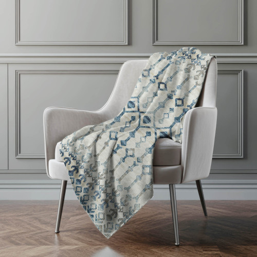 50" X 70" Ivory And Teal Geometric Microfiber Plush Throw Blanket - 880024533926