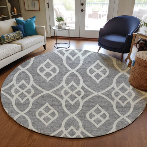 8' Gray And Ivory Round Trellis Washable Indoor Outdoor Area Rug - 608219246792