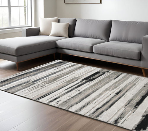 8' X 10' Black and Silver Abstract Non Skid Area Rug