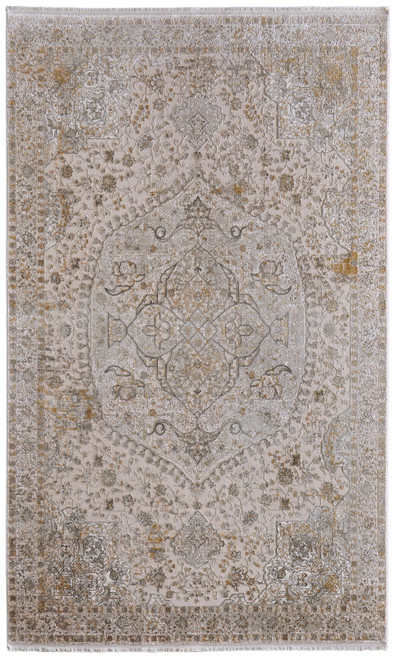 8' X 11' Ivory Gray And Gold Oriental Area Rug With Fringe - 880016555233