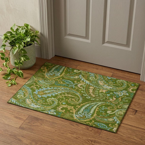 3' X 5' Green And Blue Paisley Washable Area Rug With UV Protection - 880016658385
