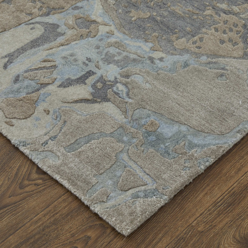 10' X 14' Gray Tan And Blue Abstract Hand Tufted Distressed Area Rug - 880016754858