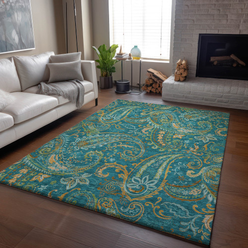 3' X 5' Teal Green And Gold Paisley Washable Area Rug With UV Protection - 880024534794