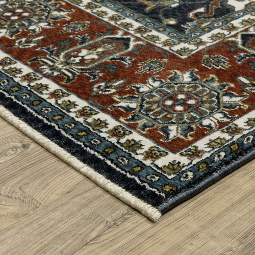 10' X 13' Navy Blue And Rust Oriental Area Rug With Fringe - 608219031220