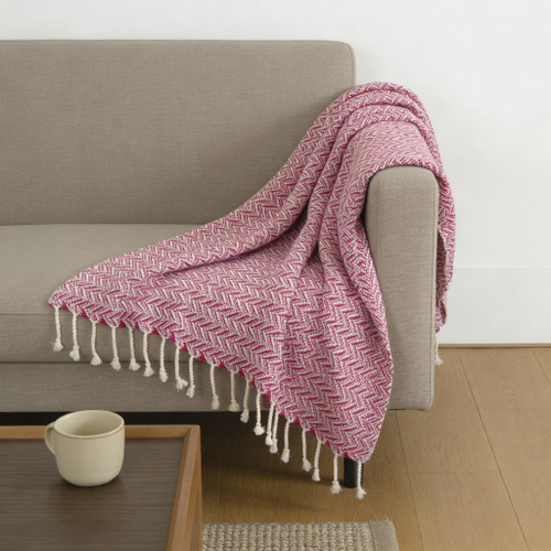50" X 60" Hot Pink Cotton Woven Chevron Throw Blanket with Fringe - 880024617817