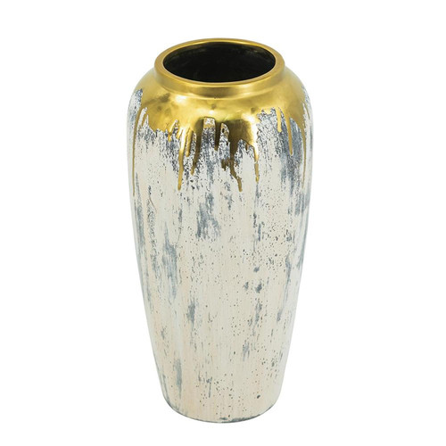 14" Gray Ivory And Gold Modern Abstract Ceramic Table Vase - 880016518689