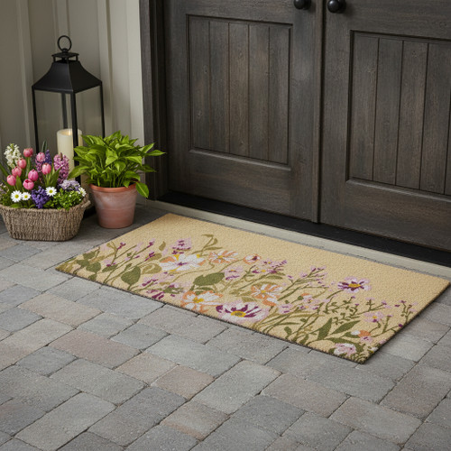 18" X 40" Brown Green And Purple Floral Outdoor Coir Door Mat - 880024734675