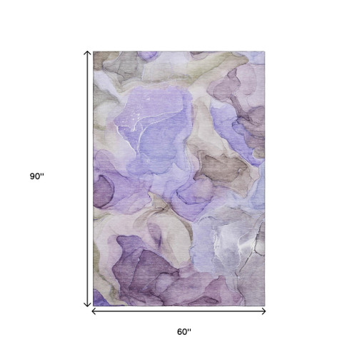 5' X 8' Purple And Gray Abstract Washable Area Rug With UV Protection - 880024551340