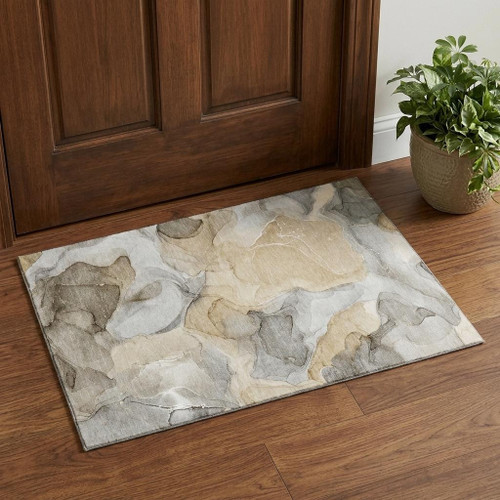 3' X 5' Brown Gray And Ivory Abstract Washable Area Rug With UV Protection - 880024592718