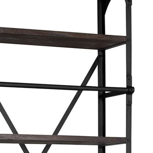 94" Black Distressed Iron and Solid Wood Five Tier Bookcase with Two Drawers - 808230023680