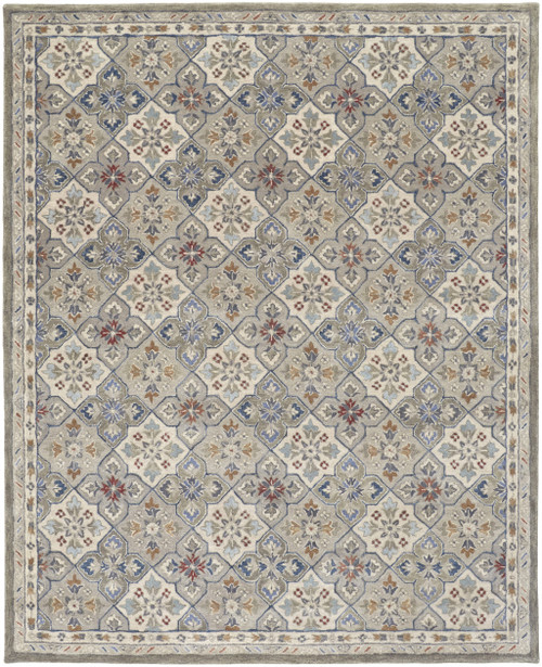 9' X 12' Taupe Ivory And Red Wool Patchwork Tufted Handmade Stain Resistant Area Rug - 606114139539