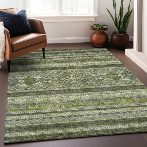 3' X 5' Olive Green Gray And Ivory Southwestern Washable Area Rug With UV Protection - 880024997520