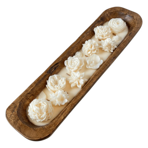 20" Ivory Bluebonnet Scented Six Wick Candle In Brown Distressed Wood Oval Dough Bowl - 880024505930