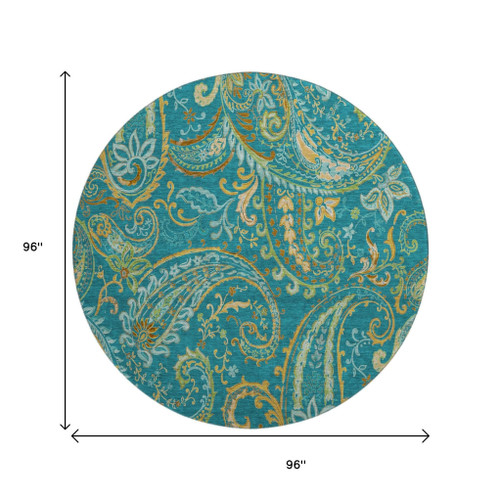 8' Teal Green And Gold Paisley Distressed Washable Round Rug With UV Protection - 880024642208