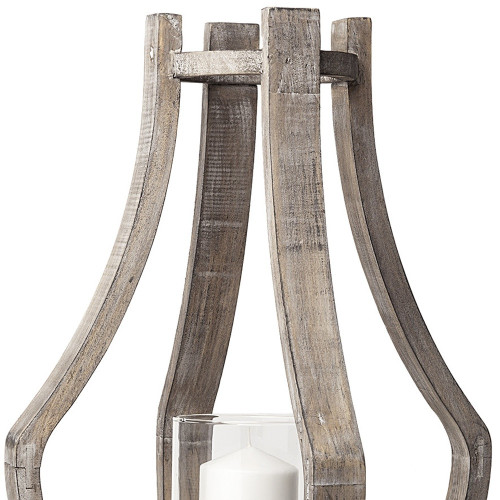 25" Brown Distressed Geometric Solid Wood Metal And Glass Tabletop Hurricane Candle Holder - 880024526720