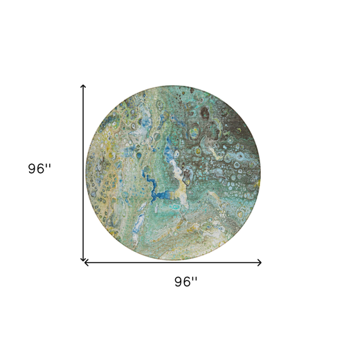 8' Teal Blue Lime Green And Green Round Abstract Washable Indoor Outdoor Area Rug