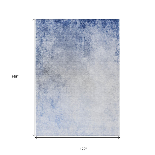 10' X 14' Navy Blue And Denim Blue Ombre Washable Indoor Outdoor Area Rug