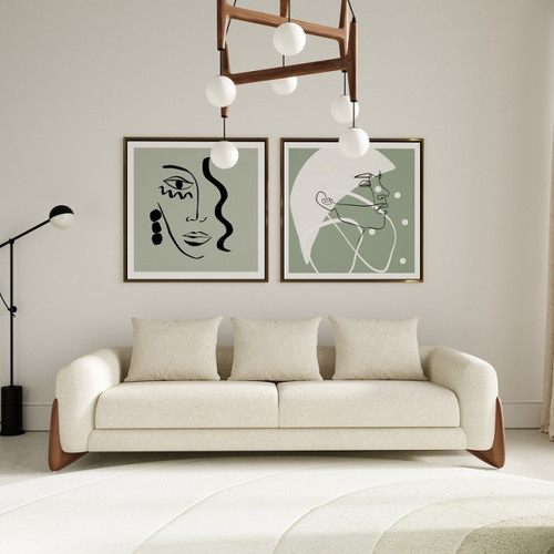 100" Cream Fabric Sofa With Wood Brown Legs