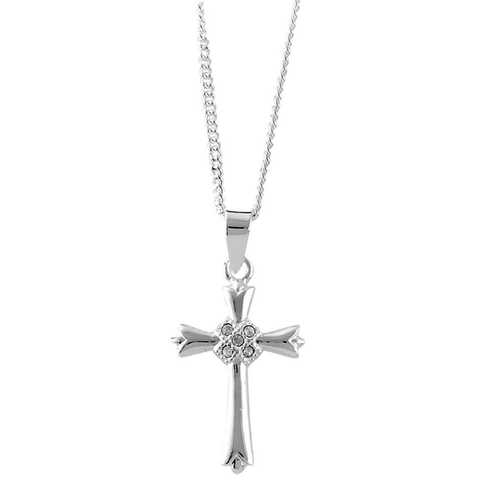 Silver Plated Bud Cross With Stone Center Necklace - 603799222211