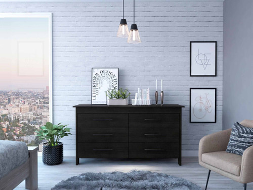 59" Black Wood Six Drawer Double Dresser
