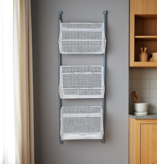 24" White And Gray Metal Baskets Wall Mounted Cubby Shelf - 880016723908