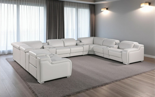 Light Gray Italian Leather Power Reclining U Shaped Twelve Piece Corner Sectional With Console - 880016486094