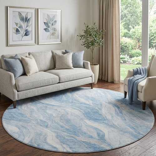 8' Blue And Ivory Abstract Washable Round Rug With UV Protection - 880016666458