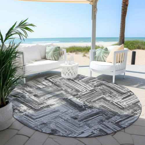 8' Gray Silver And Ivory Round Geometric Washable Indoor Outdoor Area Rug - 608219184261