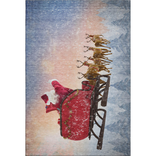 9' X 12' Blue Red And Brown Christmas Santa Claus Distressed Washable Area Rug With UV Protection - 880016747430