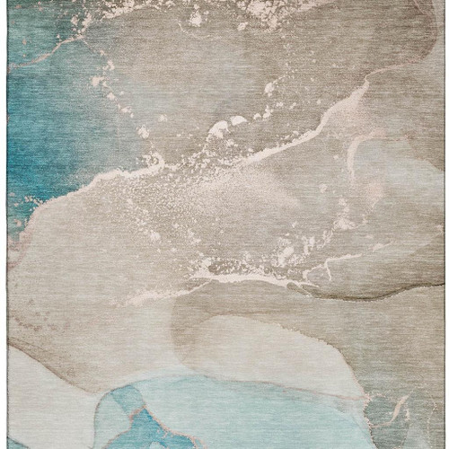 3' X 5' Teal Beige And Ivory Abstract Washable Area Rug With UV Protection - 880024518510