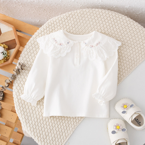 Autumn Girls Peter Pan Collar Short Sleeves Solid Color Floral Pattern Embroidery Top Shirt - 716252302396