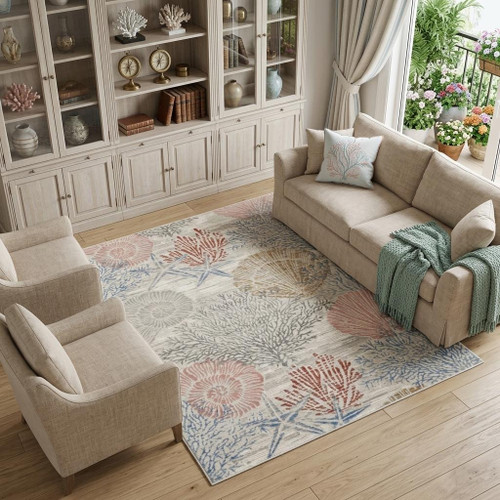 6' X 9' Blue Blush And Gray Seashell and Coral Area Rug - 880024951355