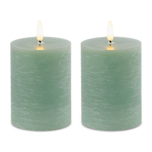 Set of Two Green Unscented Candle Flameless Pillar Candles - 880024572574